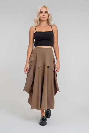 Bold & Young Kadın  Kargo Cepli  Pervazlı Gizli Fermuarlı Pamuklu Kumaş Etek