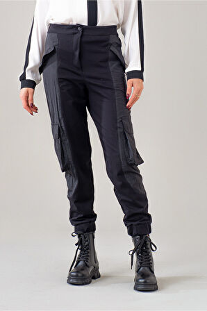 Bold & Young Kadın Kargo Cepli Siyah Polyamid Karışımlı Beli Lastikli Paça Lastikli Pamuk Likra Pantolon