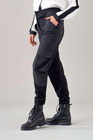 Bold & Young Kadın Kargo Cepli Siyah Polyamid Karışımlı Beli Lastikli Paça Lastikli Pamuk Likra Pantolon