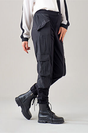 Bold & Young Kadın Kargo Cepli Siyah Polyamid Karışımlı Beli Lastikli Paça Lastikli Pamuk Likra Pantolon