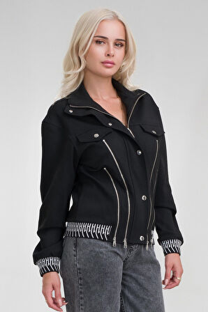 Bold & Young Kadın Viskon Polyester Likralı Kumaş Fermuar Aksesuarlı Kaşkorseli Cepli  Ceket