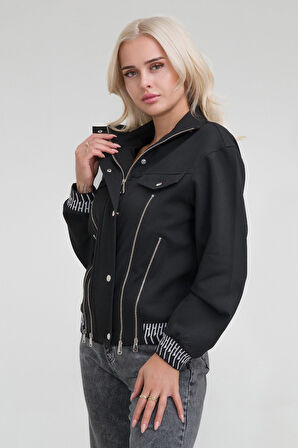 Bold & Young Kadın Viskon Polyester Likralı Kumaş Fermuar Aksesuarlı Kaşkorseli Cepli  Ceket