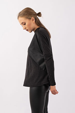 Bold & Young Kadın Antrsit Suni Deri Karışımlı Yaka Düğmeli Yün Viskon Tunik