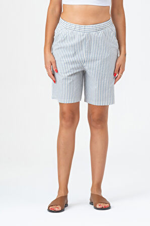Bold & Young Kadın Cepli Beli Lastikli Çizgili Pamuklu Şort