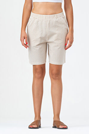 Bold & Young Kadın Cepli Beli Lastikli Çizgili Pamuklu Şort