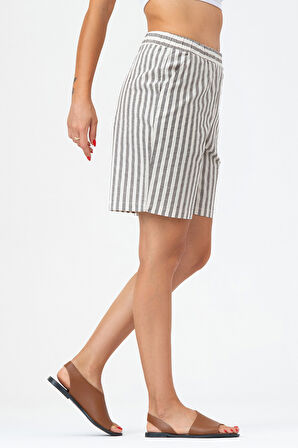 Bold & Young Kadın Cepli Beli Lastikli Çizgili Pamuklu Şort