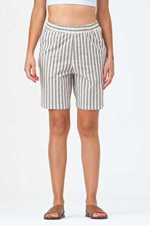 Bold & Young Kadın Cepli Beli Lastikli Çizgili Pamuklu Şort