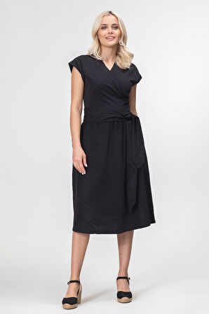 Bold and Young Düşük Kol Cepli Pervazlı Kuşaklı Beden Pamuk Likralı Etek pamuklu Elbise