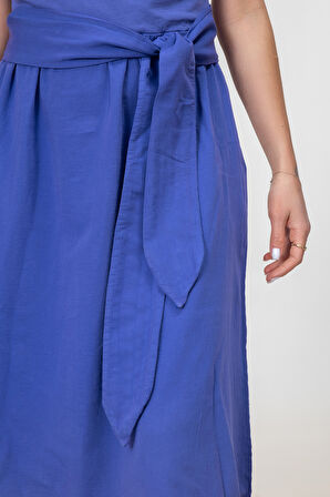 Bold and Young Düşük Kol Cepli Pervazlı Kuşaklı Beden Pamuk Likralı Etek pamuklu Elbise