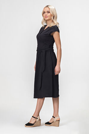 Bold and Young Düşük Kol Cepli Pervazlı Kuşaklı Beden Pamuk Likralı Etek pamuklu Elbise