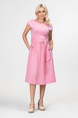 Bold and Young Düşük Kol Cepli Pervazlı Kuşaklı Beden Pamuk Likralı Etek pamuklu Elbise