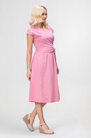 Bold and Young Düşük Kol Cepli Pervazlı Kuşaklı Beden Pamuk Likralı Etek pamuklu Elbise