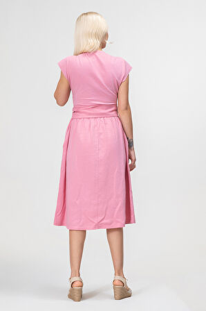 Bold and Young Düşük Kol Cepli Pervazlı Kuşaklı Beden Pamuk Likralı Etek pamuklu Elbise