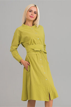 Bold & Young Kadın Siyah Renk Cepli Dik Yakalı Kuşaklı Cepli Pamuklu Gömlek Elbise