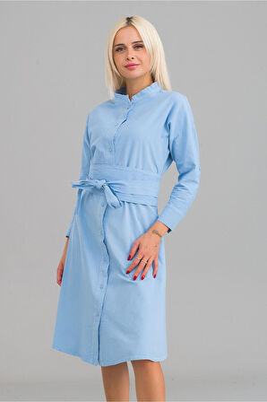 Bold & Young Kadın Siyah Renk Cepli Dik Yakalı Kuşaklı Cepli Pamuklu Gömlek Elbise