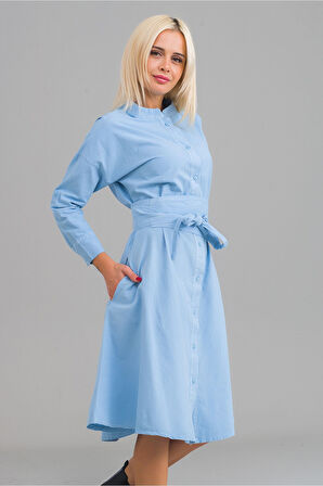 Bold & Young Kadın Siyah Renk Cepli Dik Yakalı Kuşaklı Cepli Pamuklu Gömlek Elbise