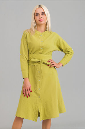 Bold & Young Kadın Siyah Renk Cepli Dik Yakalı Kuşaklı Cepli Pamuklu Gömlek Elbise