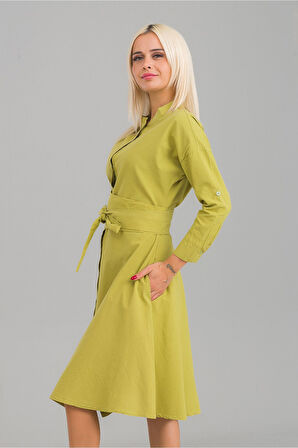 Bold & Young Kadın Siyah Renk Cepli Dik Yakalı Kuşaklı Cepli Pamuklu Gömlek Elbise