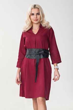 Bold & Young Kadın Siyah Renk Cepli Dik Yakalı Kuşaklı Cepli Pamuklu Gömlek Elbise