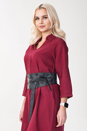 Bold & Young Kadın Yakalı Cepli Salaş Dokuma Kumaş  Cepli 3/4 Kol Çekmez Elbise