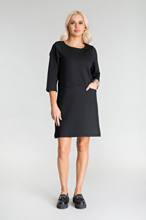 Bold & Young Kadın Siyah Renk Suni Deri Kombinli Pamuk Likralı Kolsuz Dik Yakalı Cepli Elbise