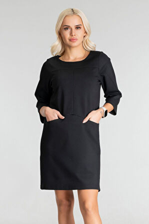 Bold & Young Kadın Siyah Renk Suni Deri Kombinli Pamuk Likralı Kolsuz Dik Yakalı Cepli Elbise