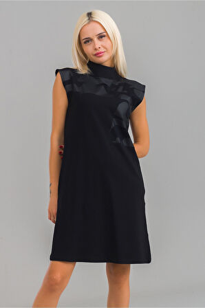 Bold & Young Kadın Siyah Renk Suni Deri Kombinli Pamuk Likralı Kolsuz Dik Yakalı Cepli Elbise