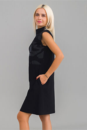 Bold & Young Kadın Siyah Renk Suni Deri Kombinli Pamuk Likralı Kolsuz Dik Yakalı Cepli Elbise