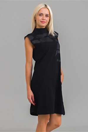 Bold & Young Kadın Siyah Renk Suni Deri Kombinli Pamuk Likralı Kolsuz Dik Yakalı Cepli Elbise