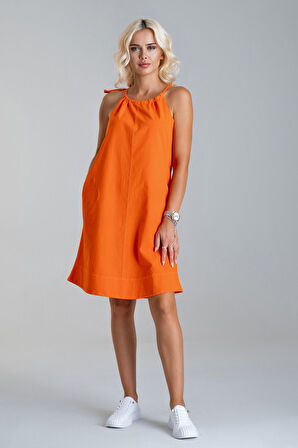 Bold & Young Kadın Etek Ucu Pervazlı Boyundan Bağlamalı Cepli Pamuklu Dokumat Elbise