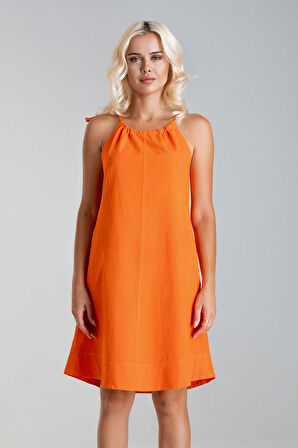 Bold & Young Kadın Etek Ucu Pervazlı Boyundan Bağlamalı Cepli Pamuklu Dokumat Elbise