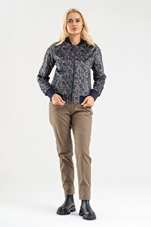 BOLD & YOUNG Kadın Desenli Likralı Pamuklu Kadife Kumaş, Çift Cepli, Kaşkorseli Pilot Mont