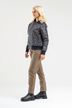 BOLD & YOUNG Kadın Desenli Likralı Pamuklu Kadife Kumaş, Çift Cepli, Kaşkorseli Pilot Mont