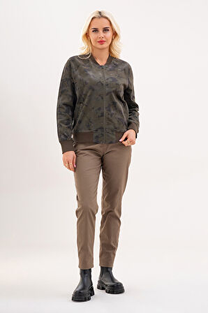 BOLD & YOUNG Kadın Desenli Likralı Pamuklu Kadife Kumaş, Çift Cepli, Kaşkorseli Pilot Mont