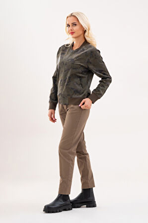 BOLD & YOUNG Kadın Desenli Likralı Pamuklu Kadife Kumaş, Çift Cepli, Kaşkorseli Pilot Mont