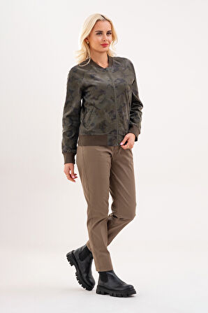 BOLD & YOUNG Kadın Desenli Likralı Pamuklu Kadife Kumaş, Çift Cepli, Kaşkorseli Pilot Mont