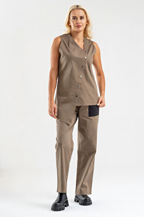 Bold & Young Kadın Asimetrik Kesim Çıtçıtlı Likralı Pamuklu Yelek