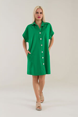 Bold & Young Kadın Fuşya Renk Pervazlı Robalı Celpli Likralı Poplin Gömlek Elbise