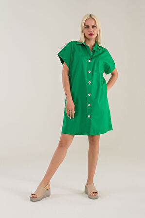 Bold & Young Kadın Fuşya Renk Pervazlı Robalı Celpli Likralı Poplin Gömlek Elbise