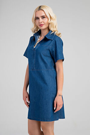 Bold & Young Kadın İndigo Yarım Pat Fermuarlı Kısa Kollu Gömlek Yakalı İnce Kot  Elbise