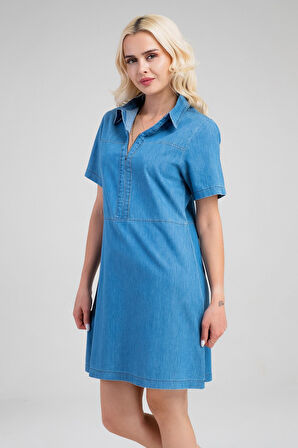 Bold & Young Kadın İndigo Yarım Pat Fermuarlı Kısa Kollu Gömlek Yakalı İnce Kot  Elbise
