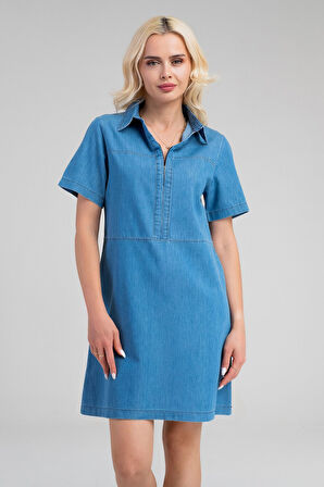 Bold & Young Kadın İndigo Yarım Pat Fermuarlı Kısa Kollu Gömlek Yakalı İnce Kot  Elbise