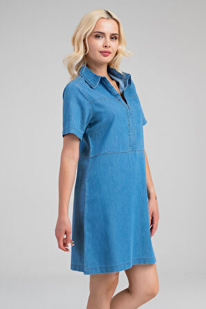 Bold & Young Kadın İndigo Yarım Pat Fermuarlı Kısa Kollu Gömlek Yakalı İnce Kot  Elbise