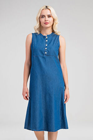 Bold & Young Kadın Pamuk Kumaş  Yarım Pat Brit  Düğmeli Kolsuz Hakim Yaka Cepli İnce  Elbise