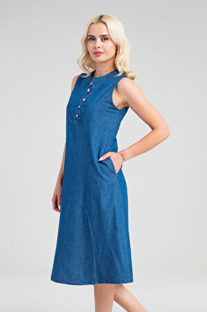 Bold & Young Kadın Pamuk Kumaş  Yarım Pat Brit  Düğmeli Kolsuz Hakim Yaka Cepli İnce  Elbise