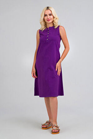 Bold & Young Kadın Pamuk Kumaş  Yarım Pat Brit  Düğmeli Kolsuz Hakim Yaka Cepli İnce  Elbise