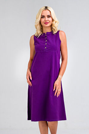 Bold & Young Kadın Pamuk Kumaş  Yarım Pat Brit  Düğmeli Kolsuz Hakim Yaka Cepli İnce  Elbise