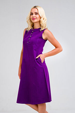 Bold & Young Kadın Pamuk Kumaş  Yarım Pat Brit  Düğmeli Kolsuz Hakim Yaka Cepli İnce  Elbise