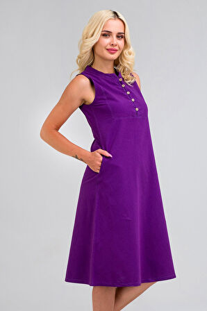 Bold & Young Kadın Pamuk Kumaş  Yarım Pat Brit  Düğmeli Kolsuz Hakim Yaka Cepli İnce  Elbise