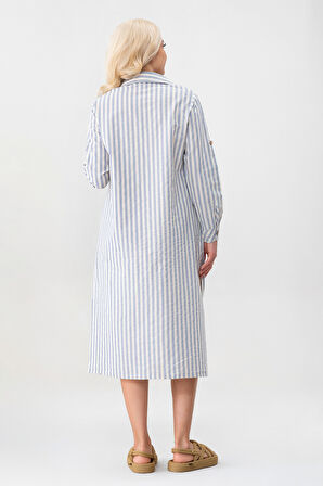 BOLD & YOUNG Kadın Cepli Çizgili Pamuklu Düğmeli Yırtmaçlı Gömlek Elbise